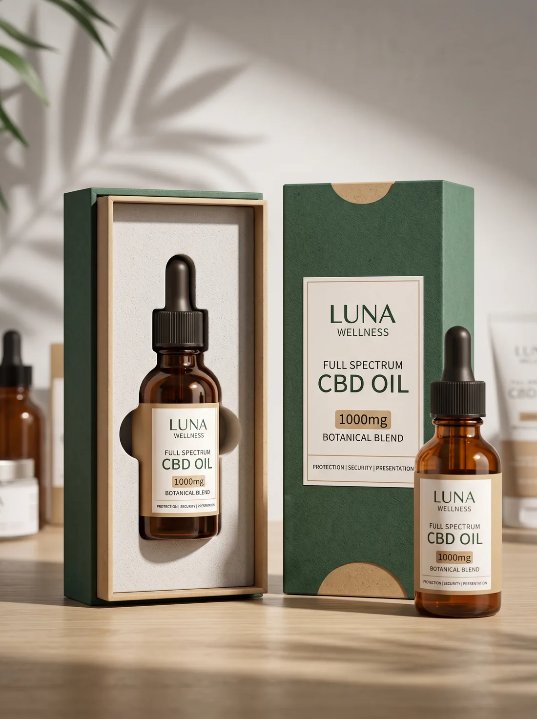 CBD oil dropper bottle box next to its fitted insert