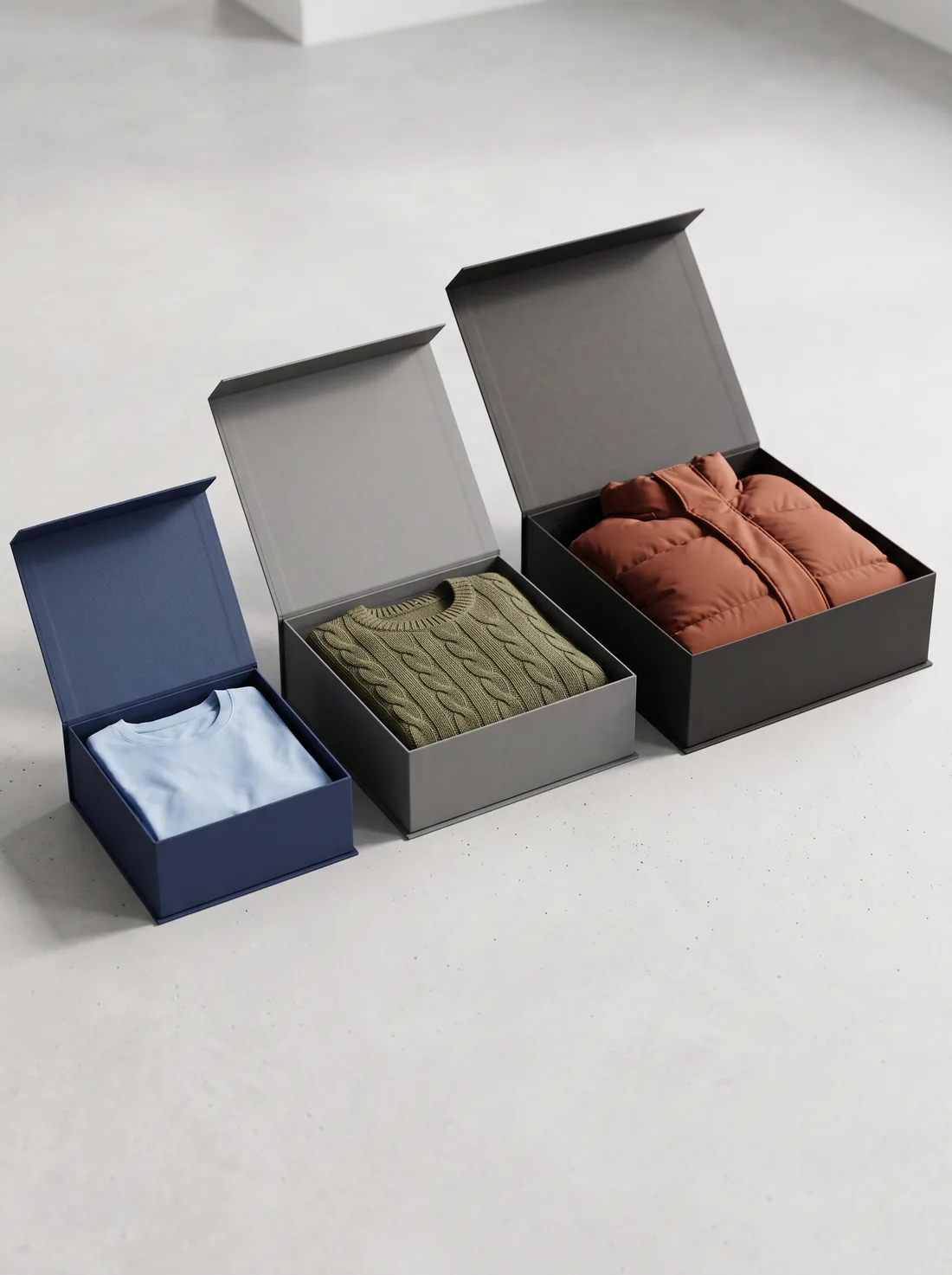 Three apparel gift boxes sized for a folded tee, a sweater, and a puffer jacket