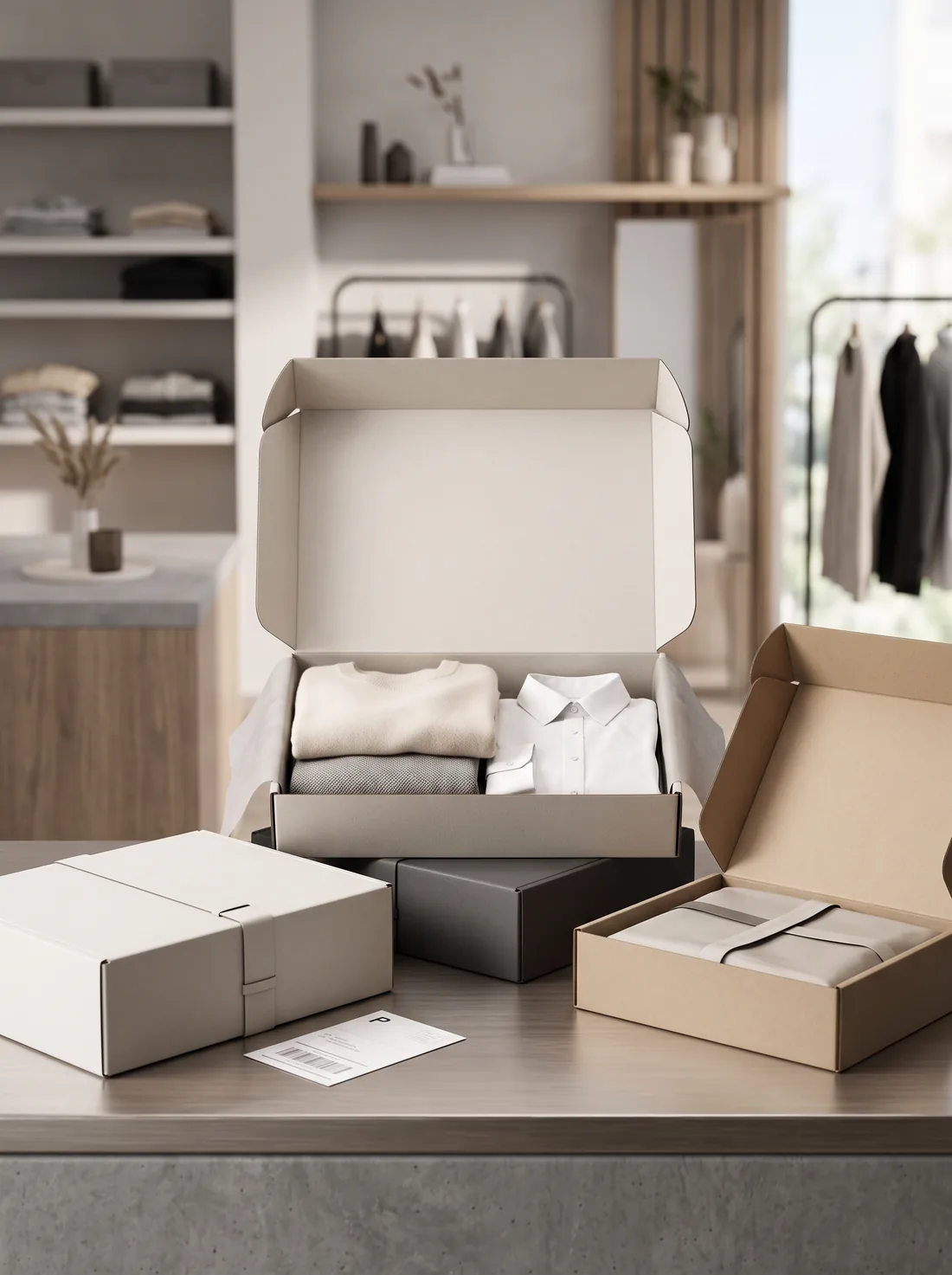 Clothing subscription mailers with folded garments and a return shipping label