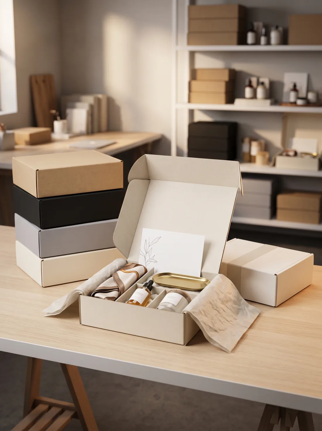 Stack of same-exterior subscription mailers with one open showing a divided insert and note card
