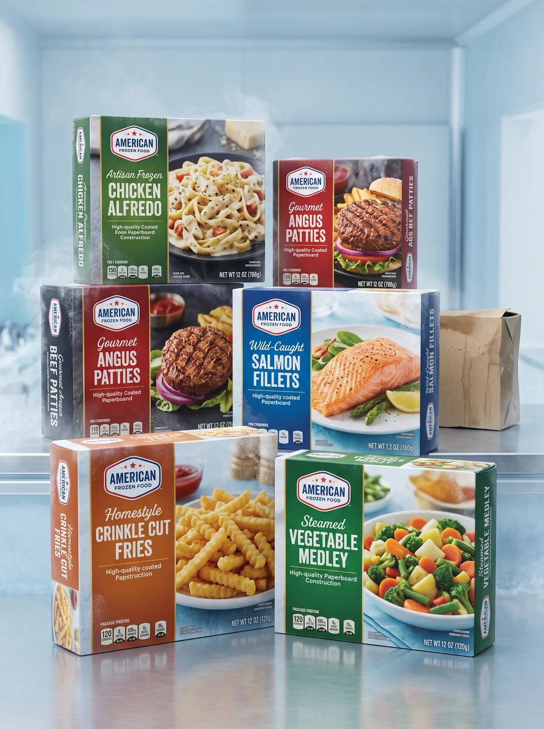 Frozen food boxes with visible frost in a freezer