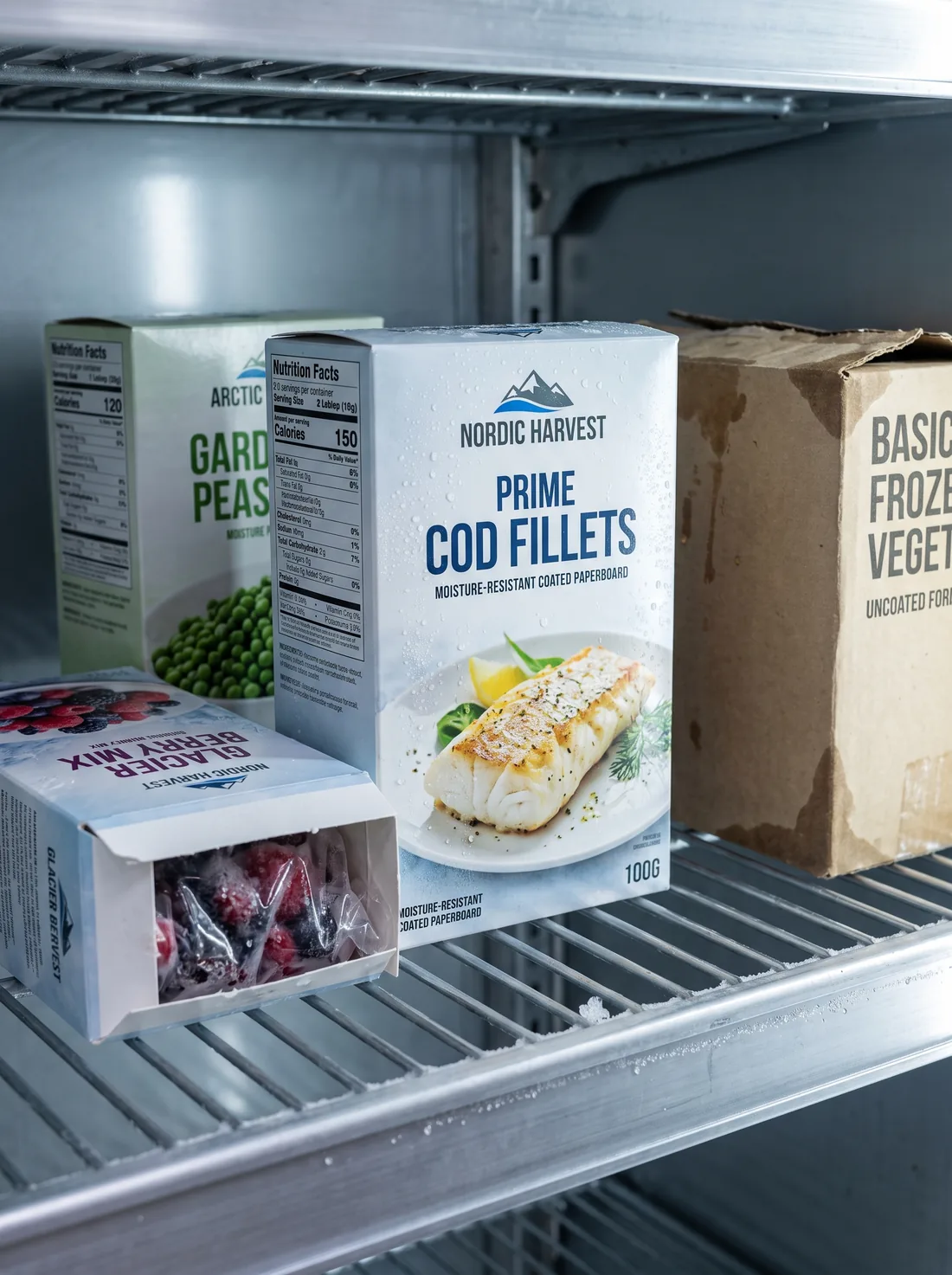 Moisture-resistant coated paperboard box next to an uncoated water-stained box