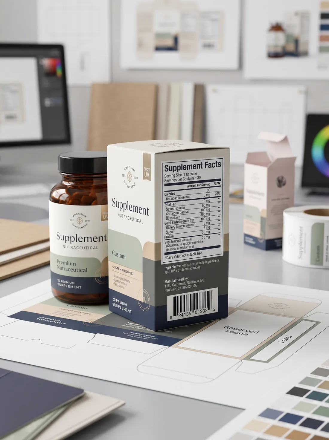 Supplement box dieline with a reserved label zone marked out