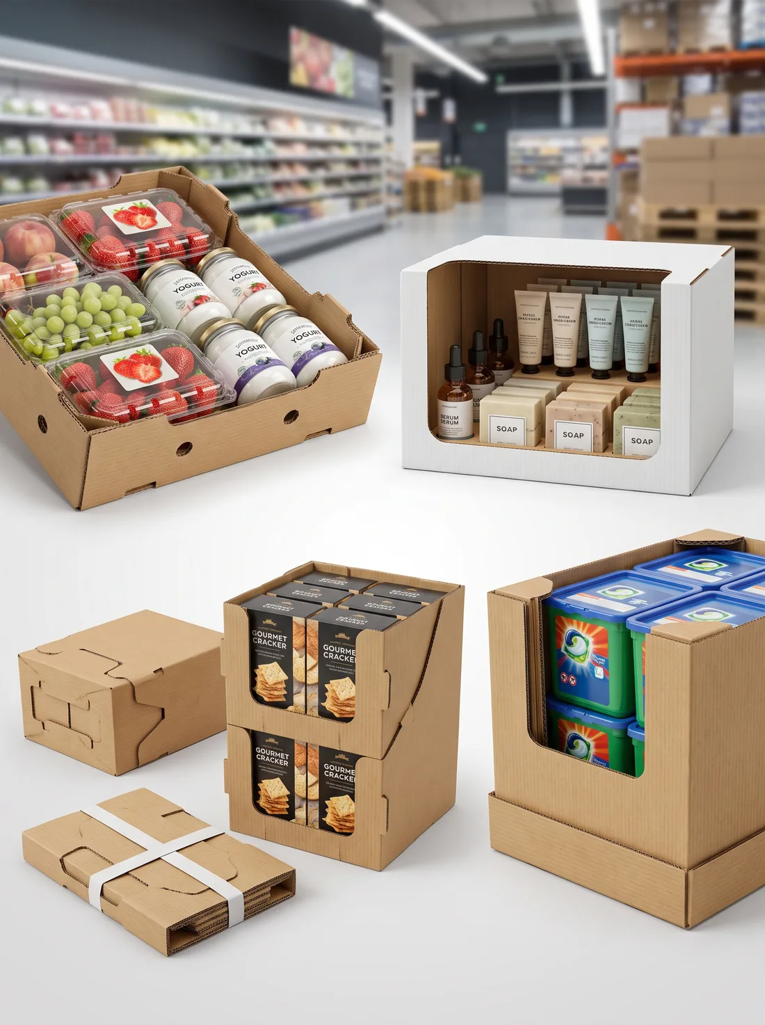 Open tray for produce, enclosed case for cosmetics, and foldable shelf ready formats