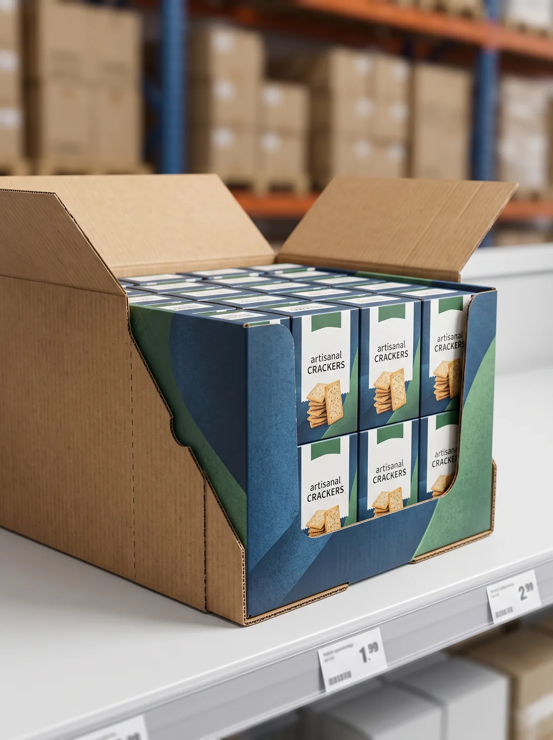 Shipping shell torn away to reveal a printed display tray of crackers on a shelf