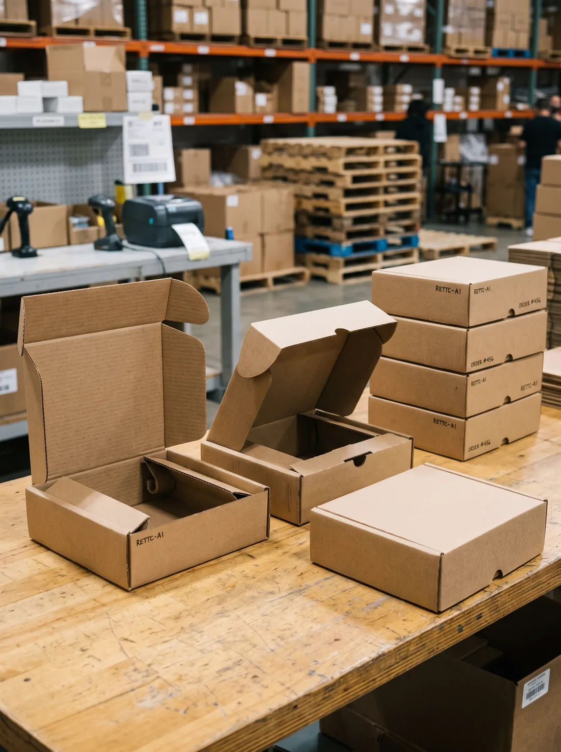 Roll-end tuck-top boxes showing the folding sequence and stacked finished boxes