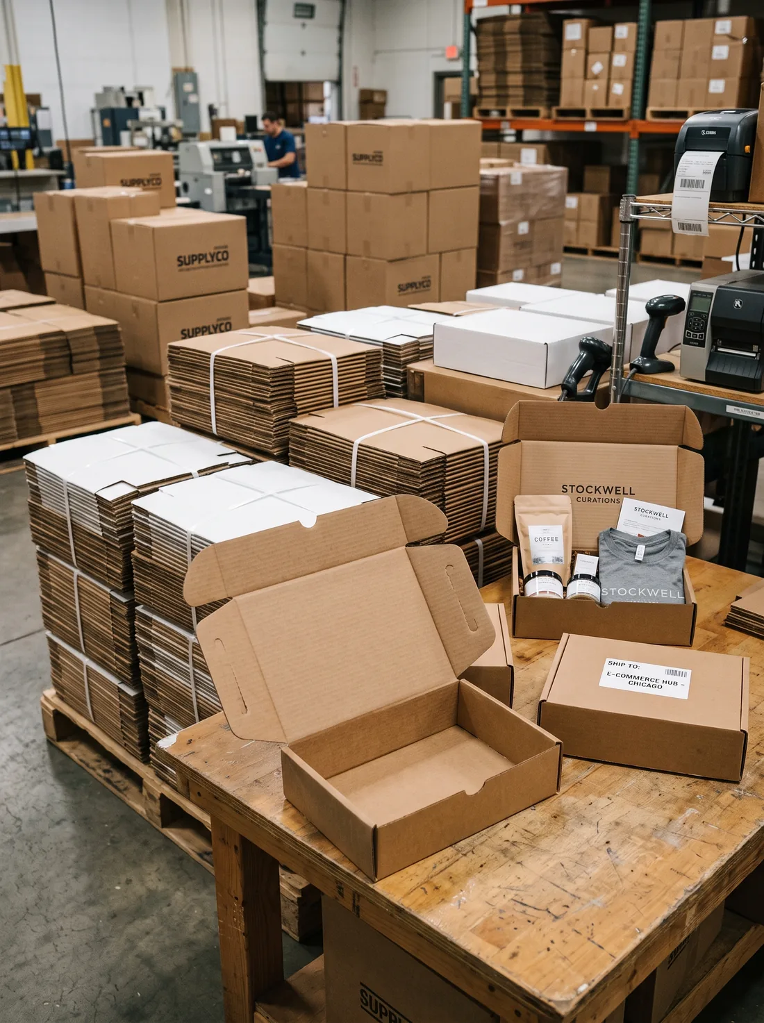 Roll top shipping cartons and subscription boxes in a warehouse
