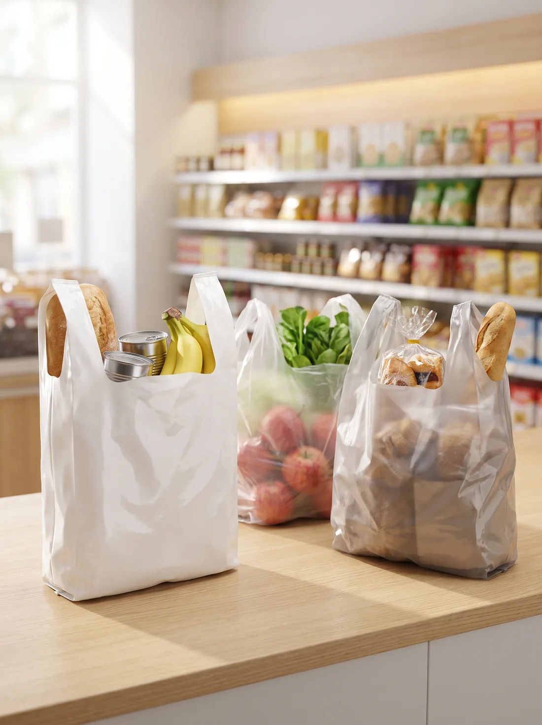 White polythene t-shirt style shopping bags packed with groceries