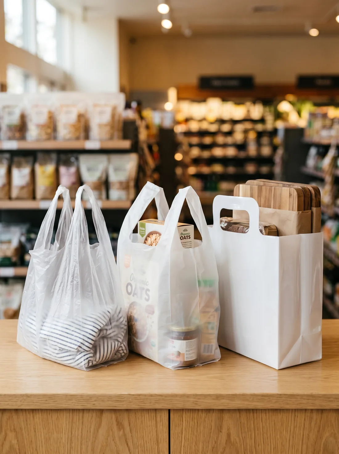 Polythene shopping bags of varying thickness and clarity holding different products