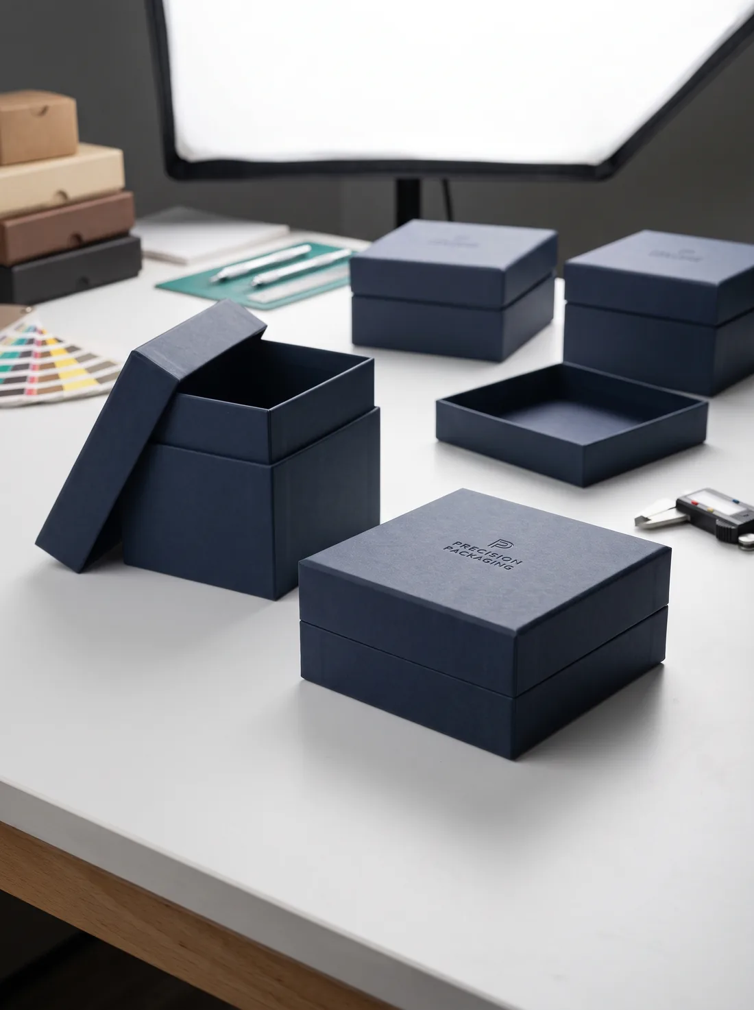 Two-piece boxes with lids lifted off, showing the friction-fit base
